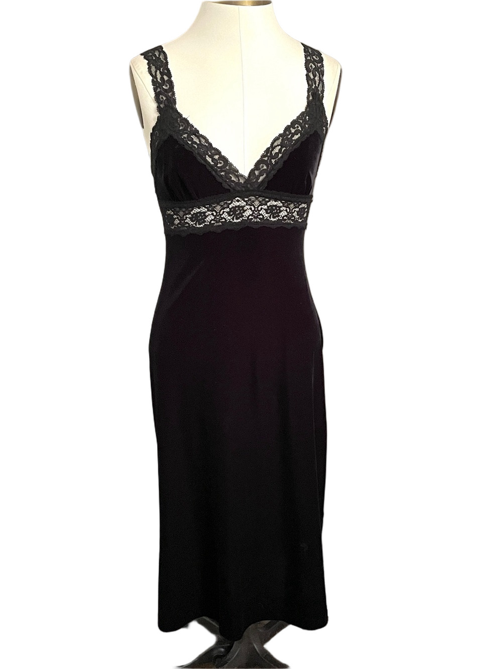 Vintage Betsey Johnson Black Velvet Lace Trim Slip Midi Dress - Small 🇺🇸 - Picture 2 of 10